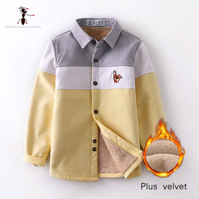 Оригинальная осенне зимняя теплая плюшевая рубашка для мальчиков с вышивкой от