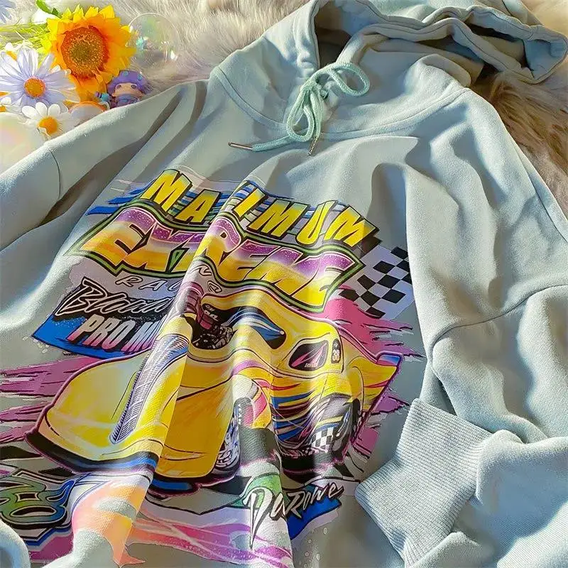 

Винтажная зеленая уличная одежда с рисунком автомобиля, Толстовка Оверсайз, осень 2021, Новая повседневная модная одежда в стиле Харадзюку дл...