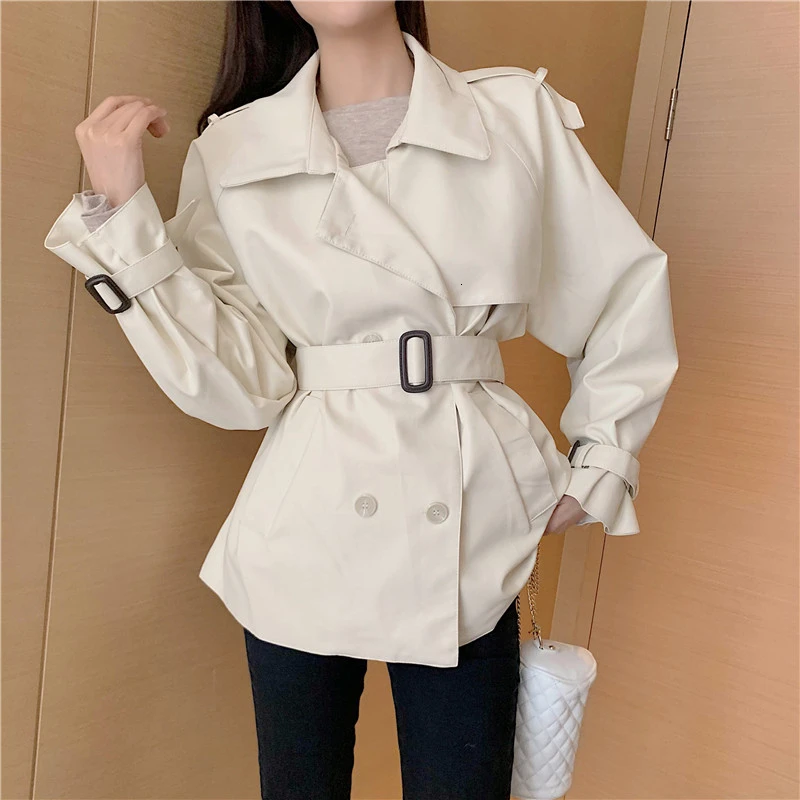 Осенние женские черный кожзаменитель кожаные куртки с поясом Короткие пальто