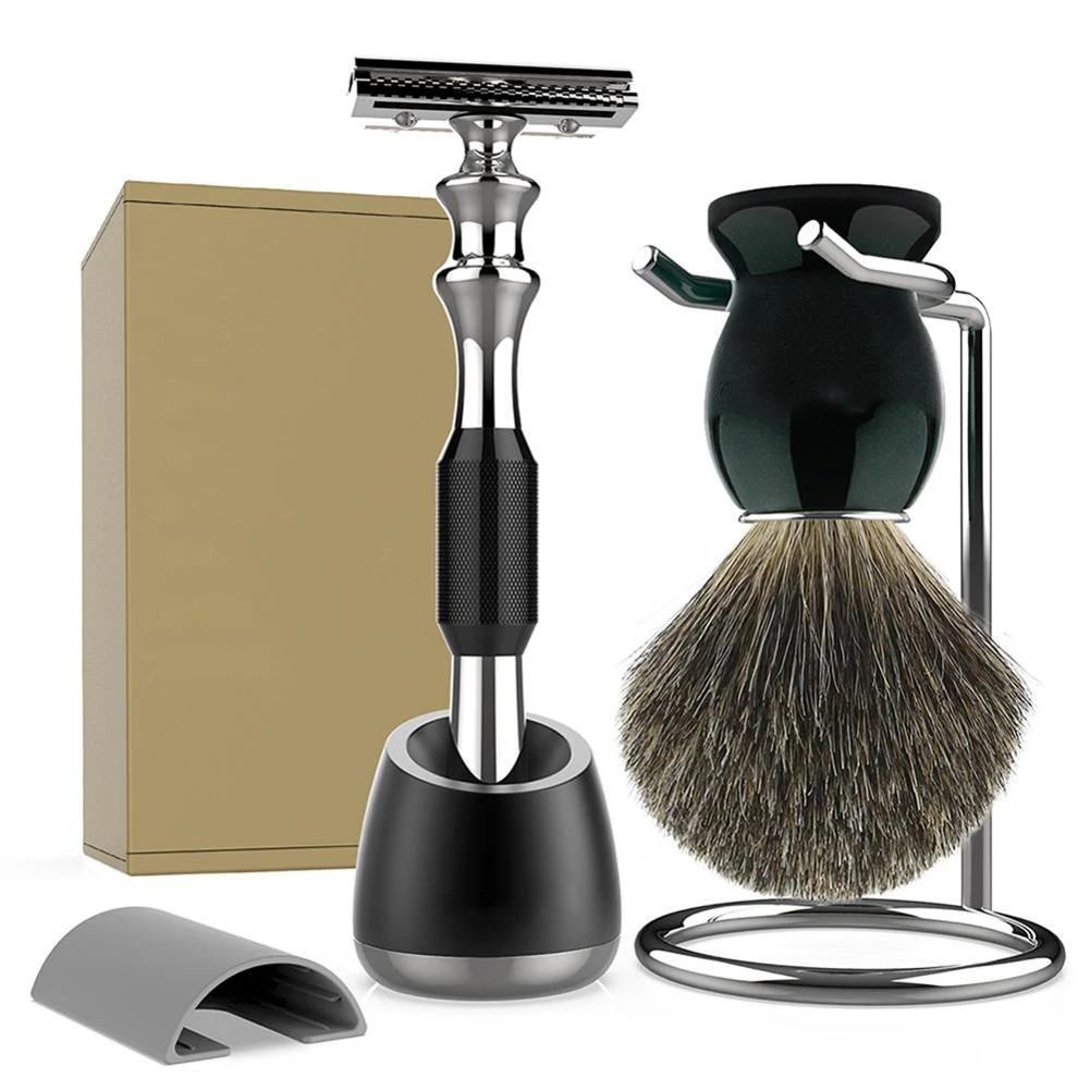Set, Best Badger Hair Black Wood Handle Barber Safety Razor 