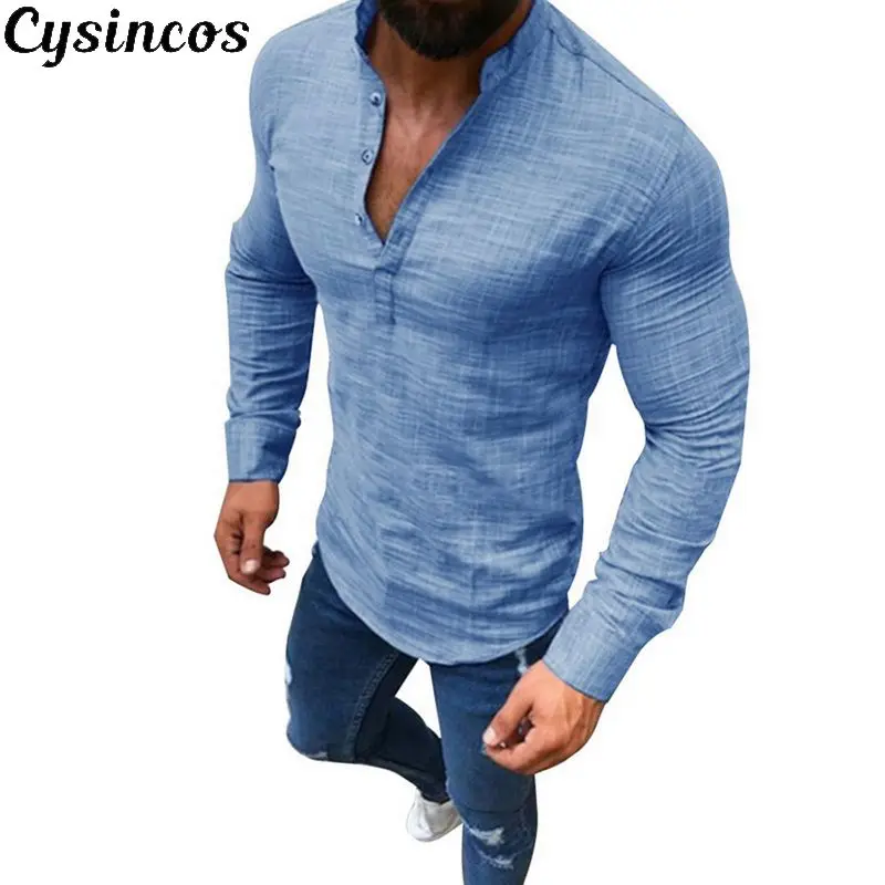 CYSINCOS Новая мужская Повседневная Блузка хлопковая льняная рубашка свободные топы