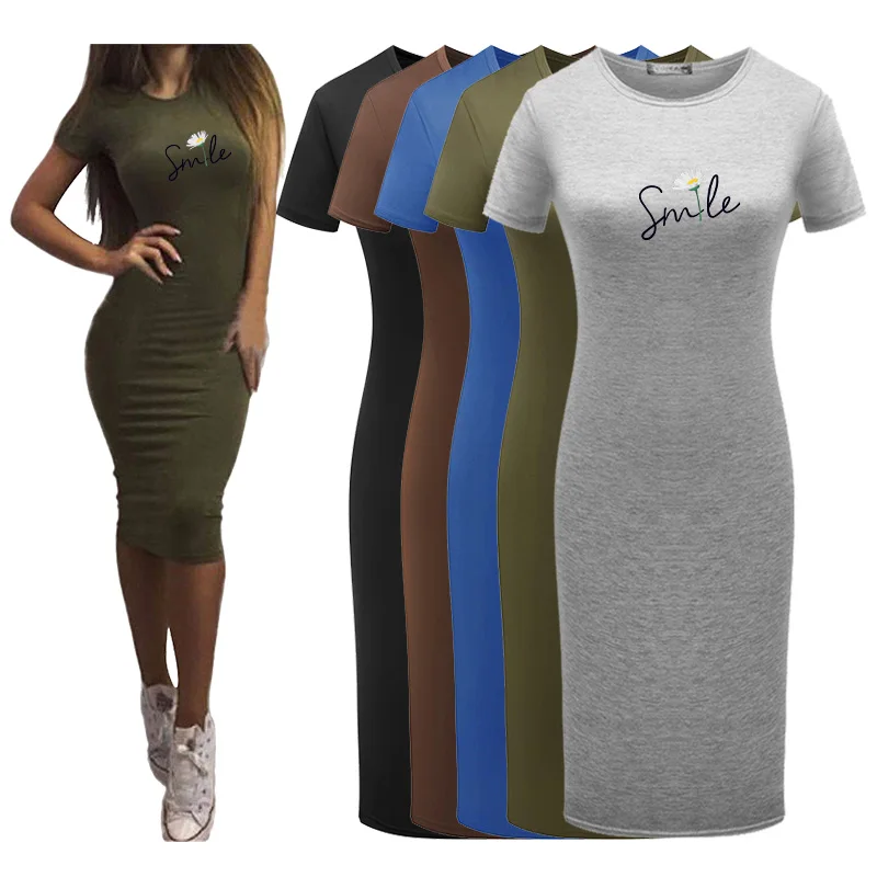 Летнее женское облегающее платье новое повседневное с принтом смайлика и цветов