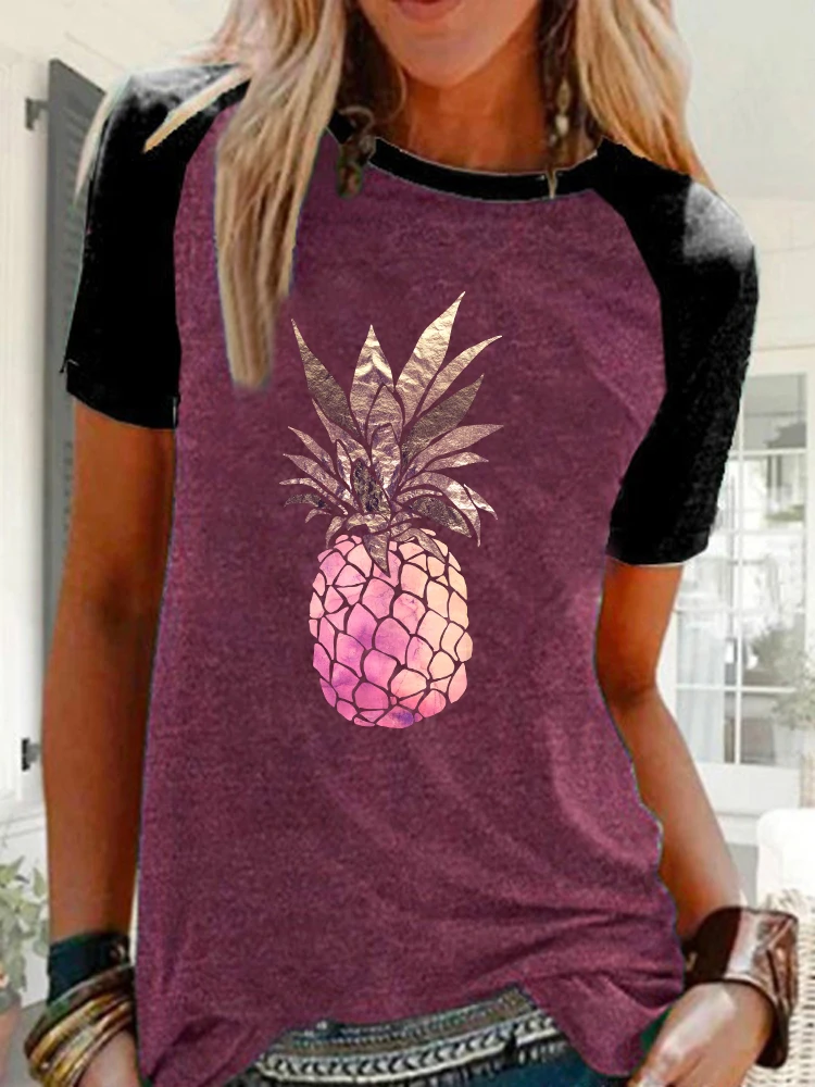 

New Fashion Women Summer Pineapple Printed Loose Round Neck Short Sleeve Casual Graphic Shirts & Tops Color Block Blouse