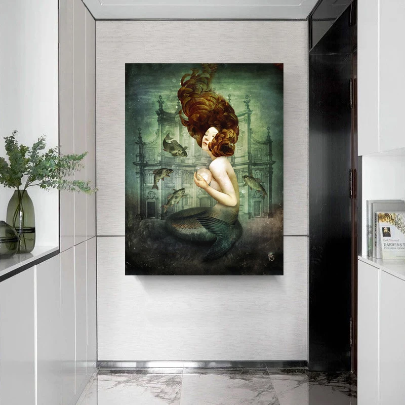 Постер с изображением русалки жемчуга масляной живописи принты на холсте