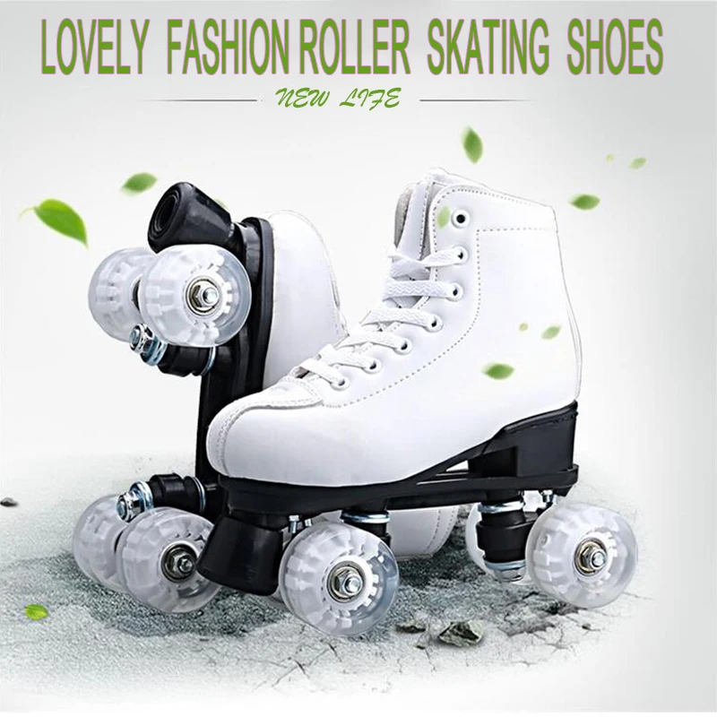 White  Adult Double Row Skates Roller Skates Men and Women Roller Skates Four-Wheel 2 line patines