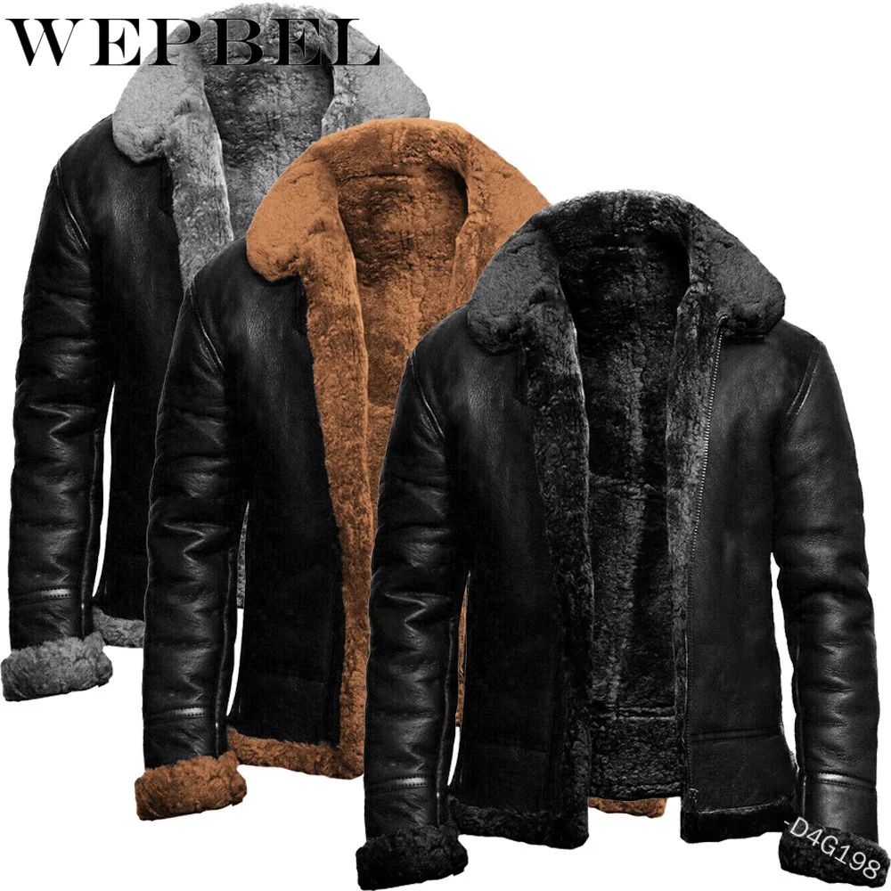 

WEPBEL Winter Mens PU Jacket Faux Fur Collar Coats Thick Warm Men's Motorcycle Jacket New Fashion Windproof Leather Coat Male