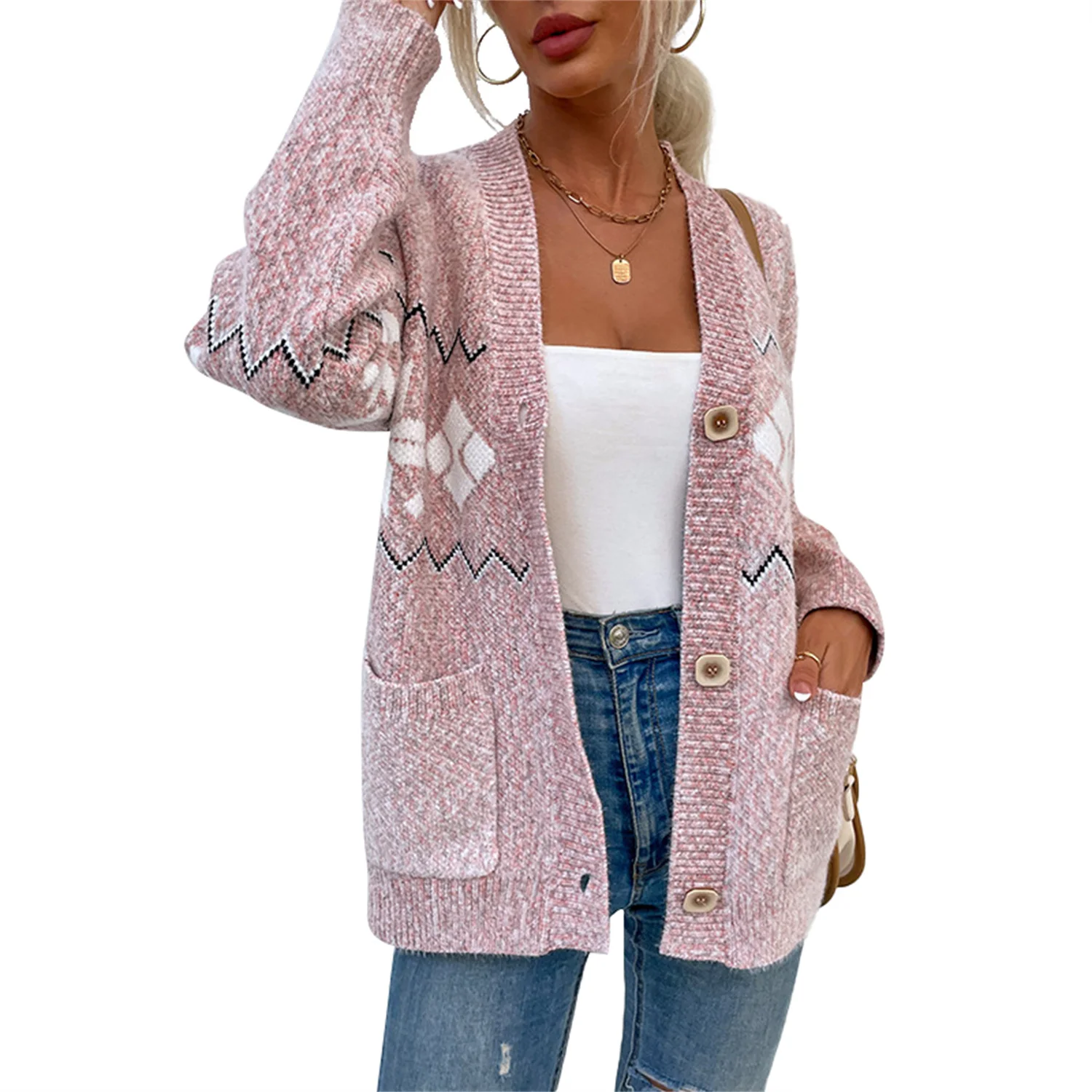 

2021 Women's Sweaters Christmas Jersey V-Neck Single Breasted Pocket Sweater Casual Fashion Oversize Autumn Pullover Tops