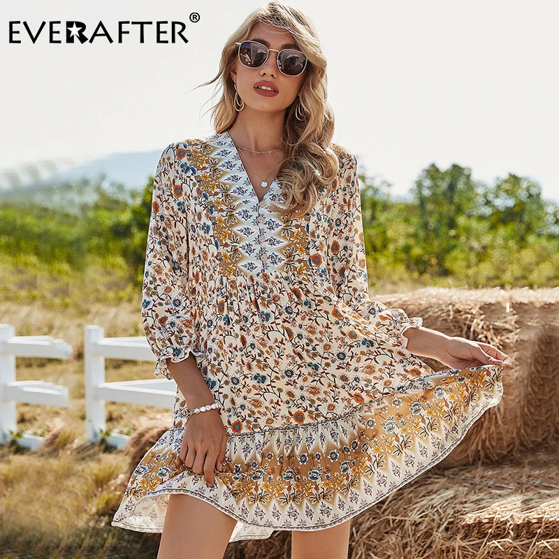 

EVERAFTER Ethnic Spring Summer Ruffled Butterfly Sleeve Dress Women V-neck Floral Print Midi Dress Loose Button holiday Dresses