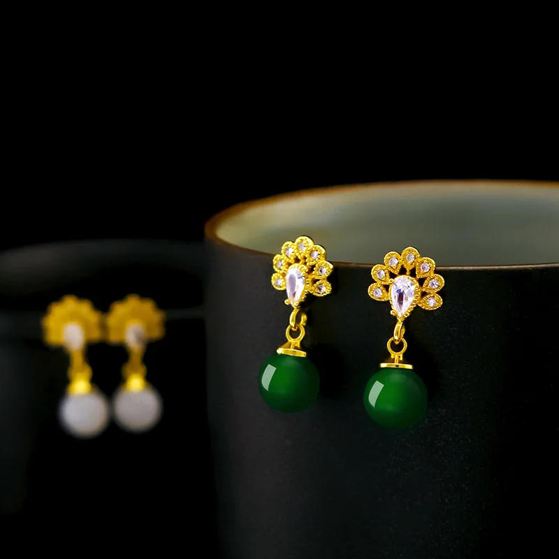 Модные серьги для женщин 14K позолоченные серьги-гвоздики с зеленым Изумрудным