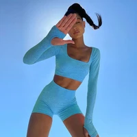 womens sexy solid color long sleeved short t shirt shorts casual summer cycling fashion sportswear two piece clothing 2021 new