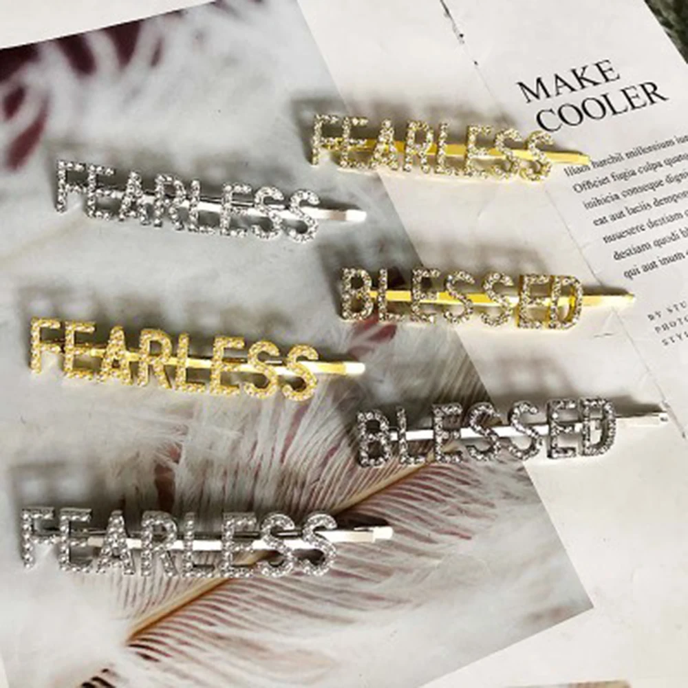 

1PC FEARLESS/BLESSED Letters Crystal Hairpins Rhinestones Hair Clips Metal Barrettes Hair Jewelry Accessories for Women Girls