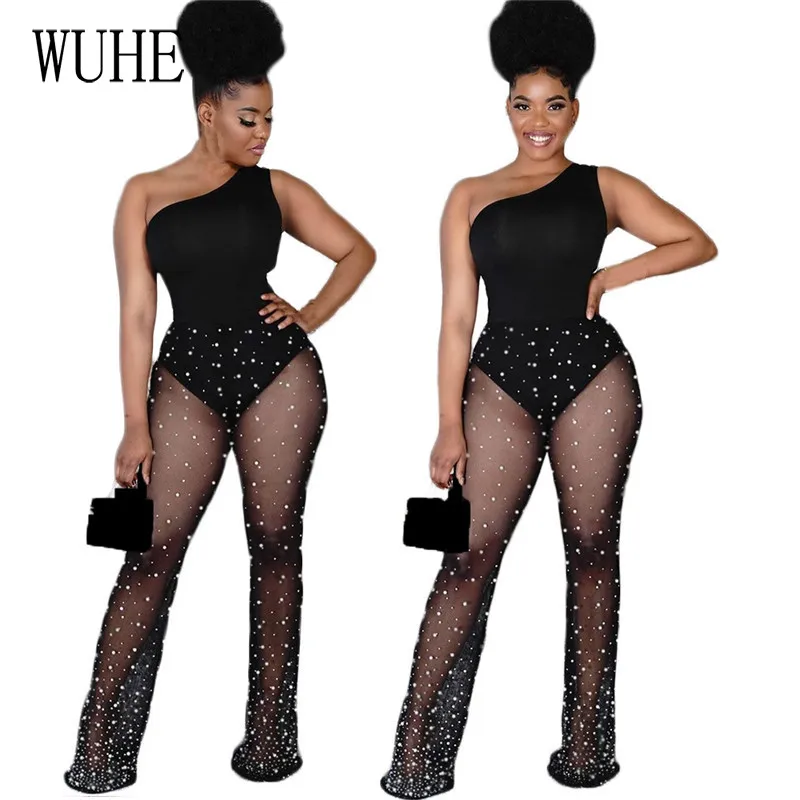 

WUHE сетки Комбинезоны с принтом в белый горошек прозрачные ткани без рукавов на одно плечо без бретелек с вырезами пикантные Клубные вечерни...