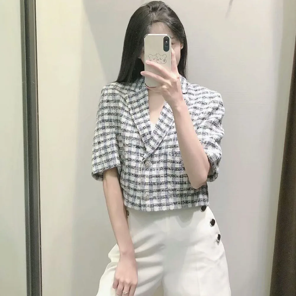 

Za Women 2021 New Fashion Breasted Cropped Tweed Blazer Coat Vintage Short Sleeve Pockets Casual Female Outerwear Chic