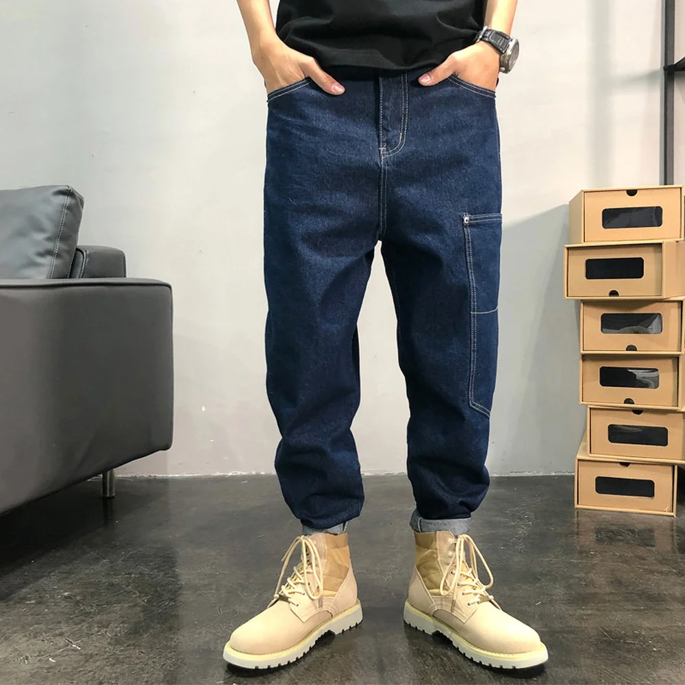 American Trendy Nine-point Jeans Loose Street Washed Denim Overalls with Little Feet Old Harem Pants Elastic Motorwear Trousers
