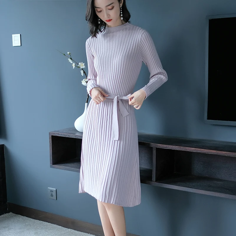 Трикотажное платье-свитер Женское шерстяное платье с воротником-хомутом и