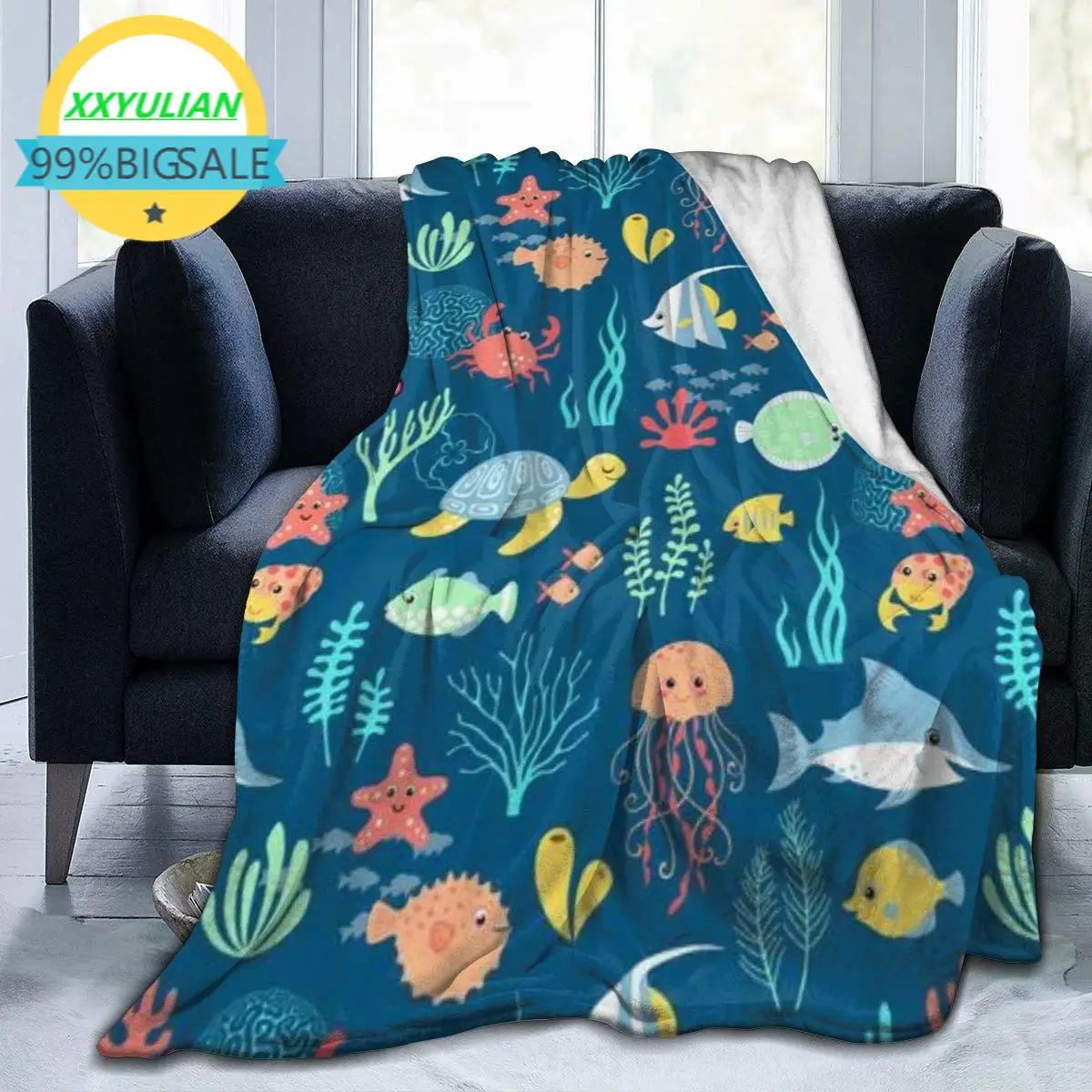

Throw Blanket for Kids Teens Adults Cartoon Octopus Nimo Turtle Shark Crab Starfish and Sea Grass in The World Dark Blue
