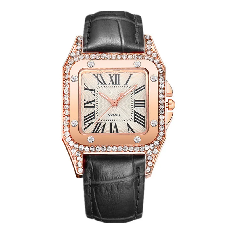Горячая мода женские часы Роскошные горный хрусталь рельефное платье кожаный