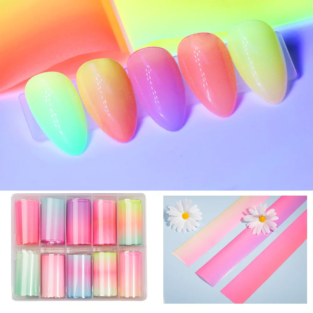 

10Rolls Gradient Neon Nail Art Foil Stickers Fluorescence Starry Sky Transfer Foil Tips For Nail Art Decoration (4x100cm/roll)