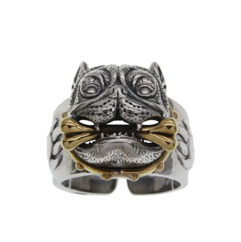 

Pug Dog Ring Zodiac Dog Inlaid Brass Bone Stick Men's Single Ring