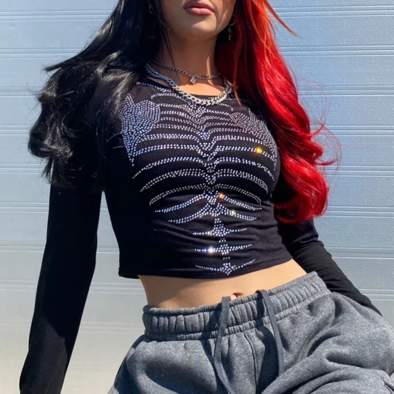 

E-girl Diamonds Skeleton Print Black T-shirt Fall Slim Crop Top Fairy Grunge Vintage Women Long Sleeve Tees Y2K Basic Pullovers