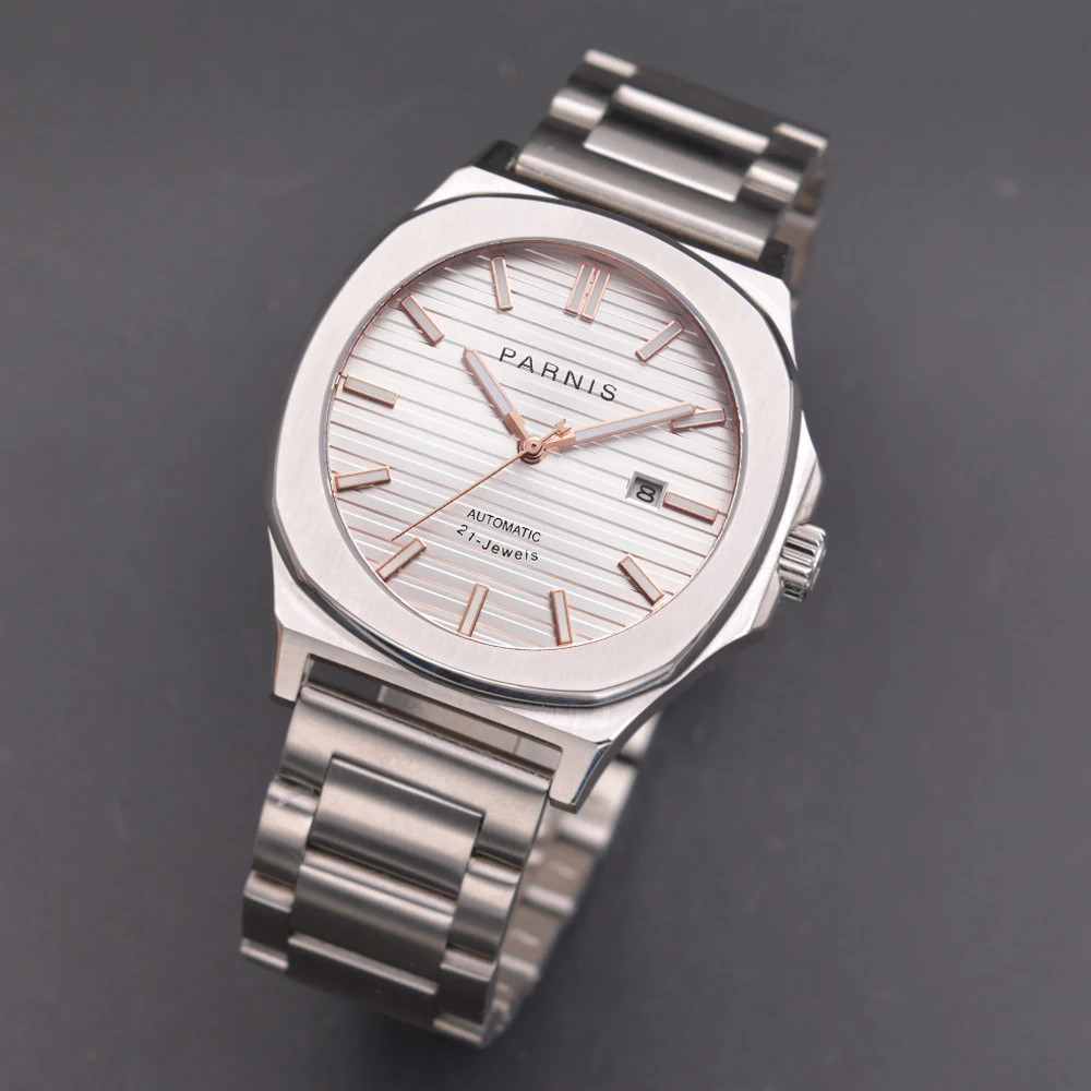 Парнис Бизнес белый квадратный автоматический Для мужчин часы MIYOTA 8215 видеть