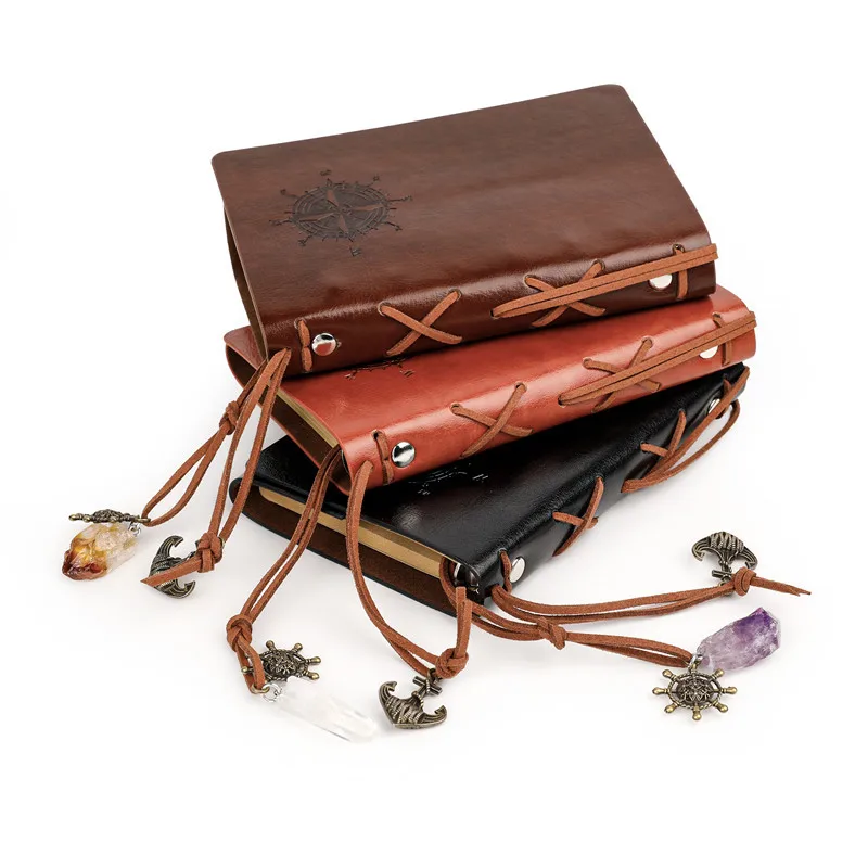

Charka Leather Magic Notebook Rune Natural Crystal Stone Health Amethyst Gem Rudder Pendant Decor Retro Vintage For Diary Office