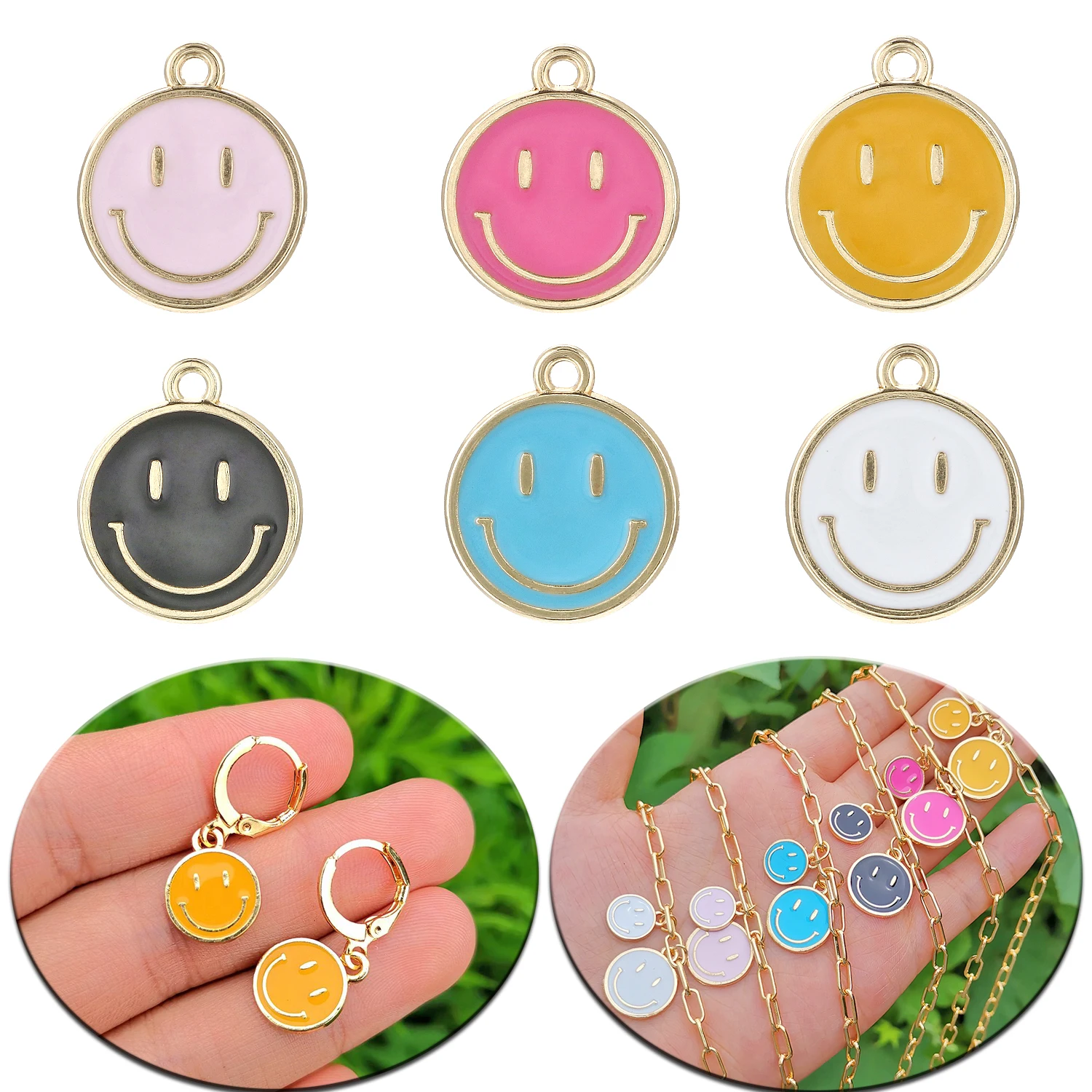 

20pcs/10pcs Drop Oil Lovely Smiling Face Shape Pendant Jewelry Findings Gold Color Charms Handmade Necklace Earring Accessory