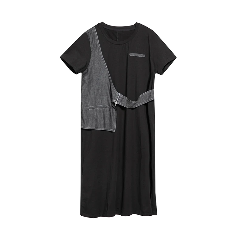 

Black Vintage Spliced Denim Plus Size Dress Women New Short Sleeve Casual Loose Ladies Dresses Fashion Clothes Summer 2021