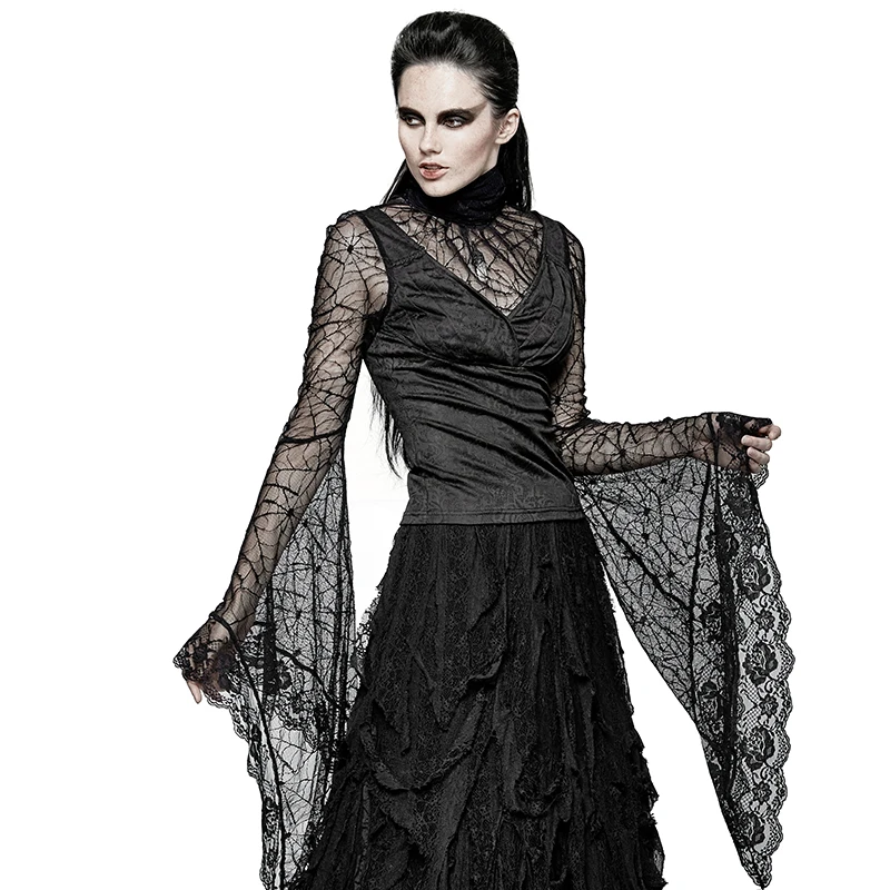 Женская футболка в готическом стиле Черная кружевная Регулируемая с длинными
