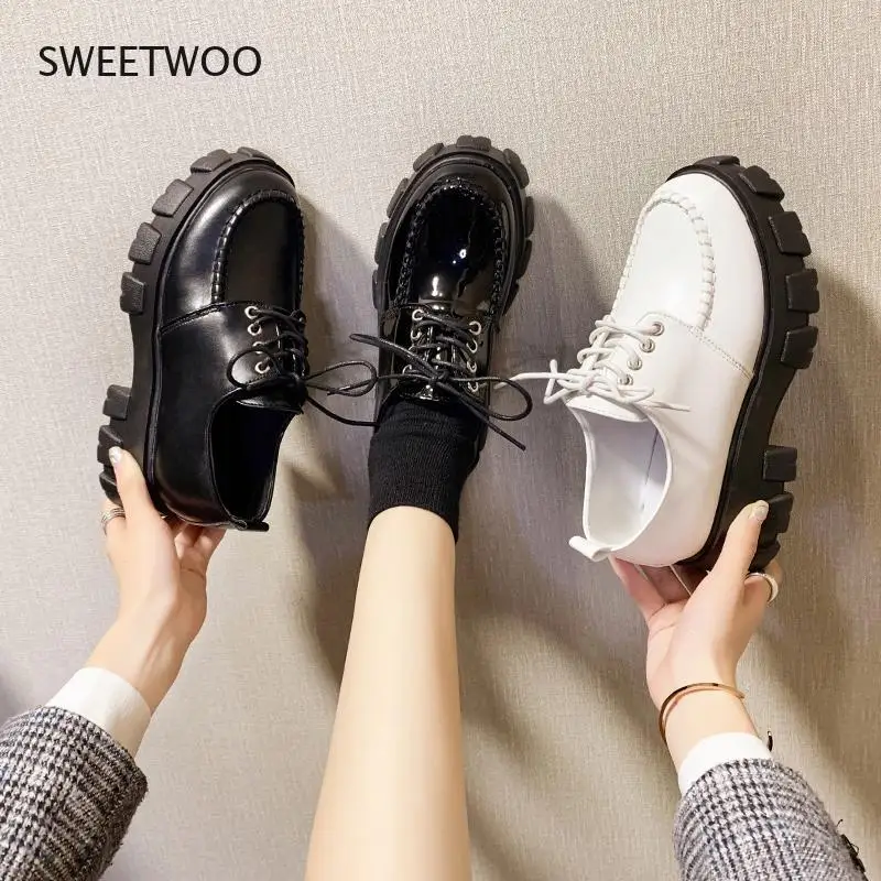 

Women Platform Flats Heel Shoes Lace up Flats Women Fashion Shoes For Women PU Leather Flats Female Black Basic