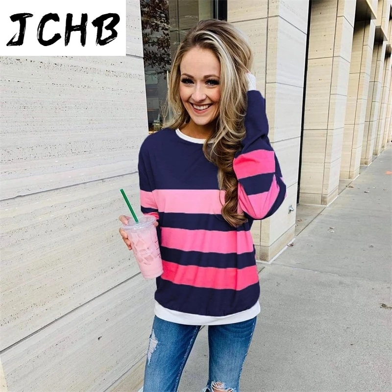 

Winter Autumn Candy Colors Striped Print O Neck Sweatshirt Casual Loose Hoodies Women Top Long Sleeve Streetwear Ladies Clothing