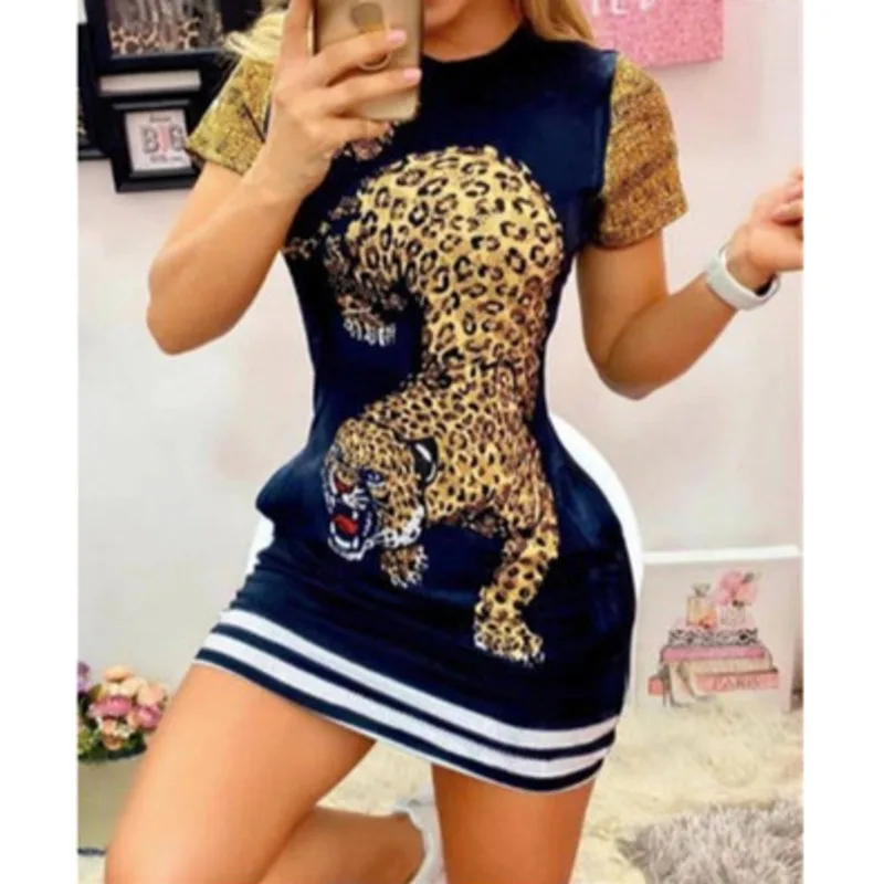 

2021 Summer new women's dress animal print stitching round neck short-sleeved striped skirt street casual short dress women