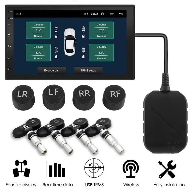 USB автомобильный TPMS система контроля давления в шинах для Android навигации с 4