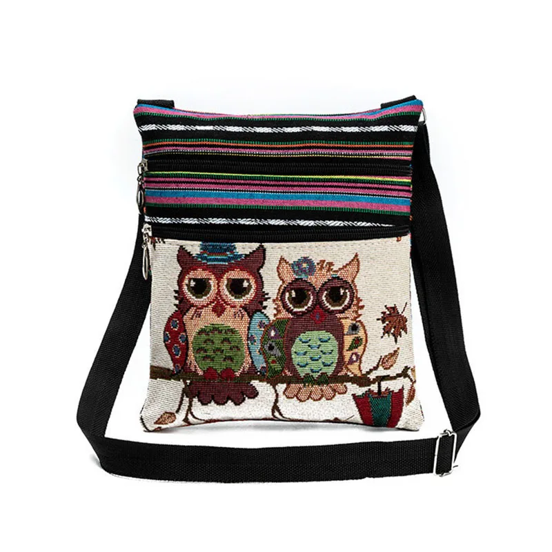 Fashion Ethnic Style Women Messenger Bags Dual Zipped Cartoon Owl Embroidered Shopping Ladies Girls Shoulder Bag Best Sale-WT |