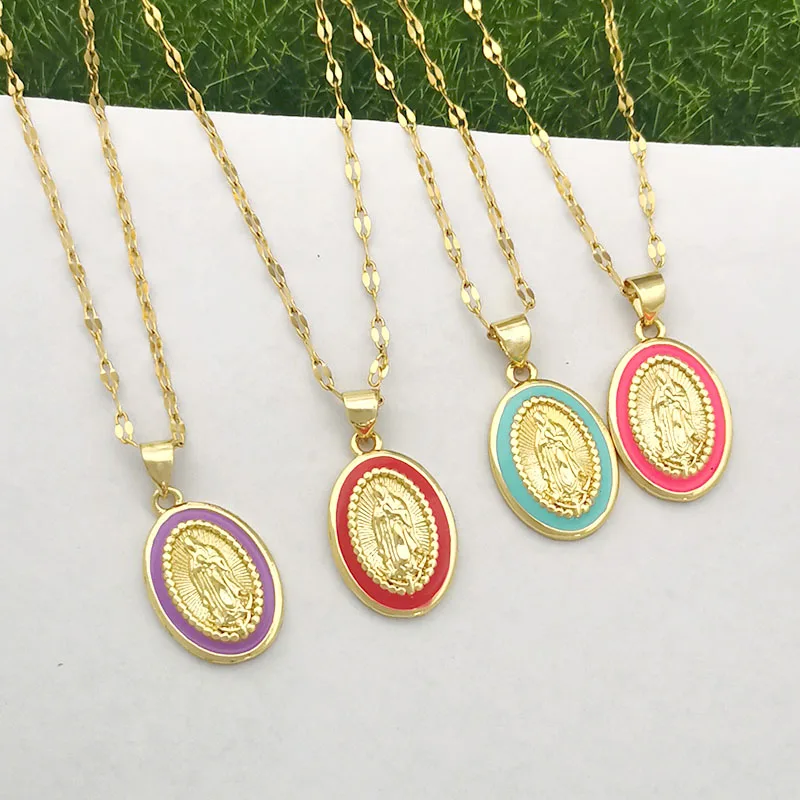 

QMHJE Virgin mary Charm Pendant Necklace for Women Stainless Steel Silm Lips Chain Gold Enamel Candy Lucky Lady Girl Gift Choker