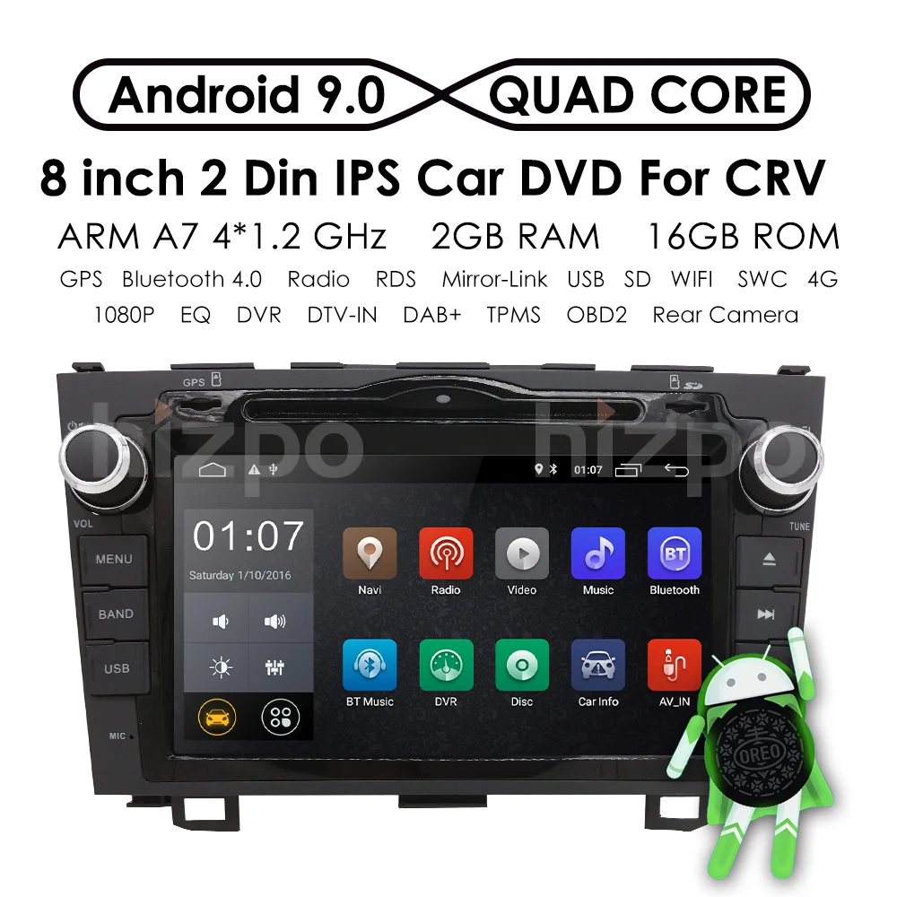 Hizpo автомобильный dvd-плеер gps Navi для Honda CRV 2007-2011 ips емкостный экран 1024*600+ 4G+ wifi+ BT+ SWC+ RDS+ Android 9,0+ 2 г+ 16 ГРОМ