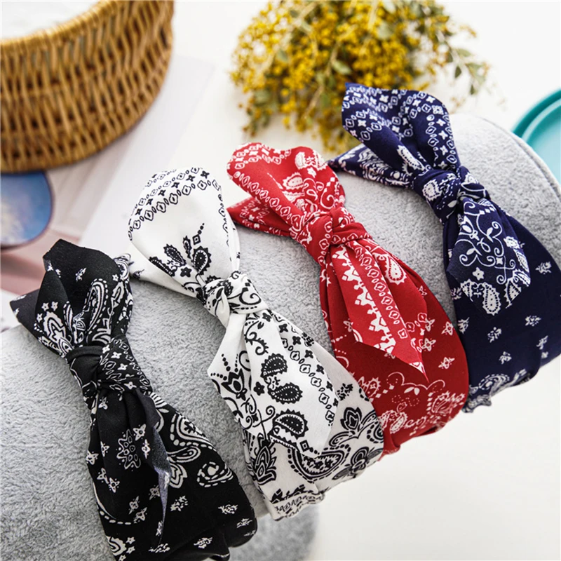 

Vintage Ears Hairband Hair Bows Headwear Boho Floral Print Headbands Bow Wide Brimmed Head Hoop Cross Knot Hair Hoop Hairband