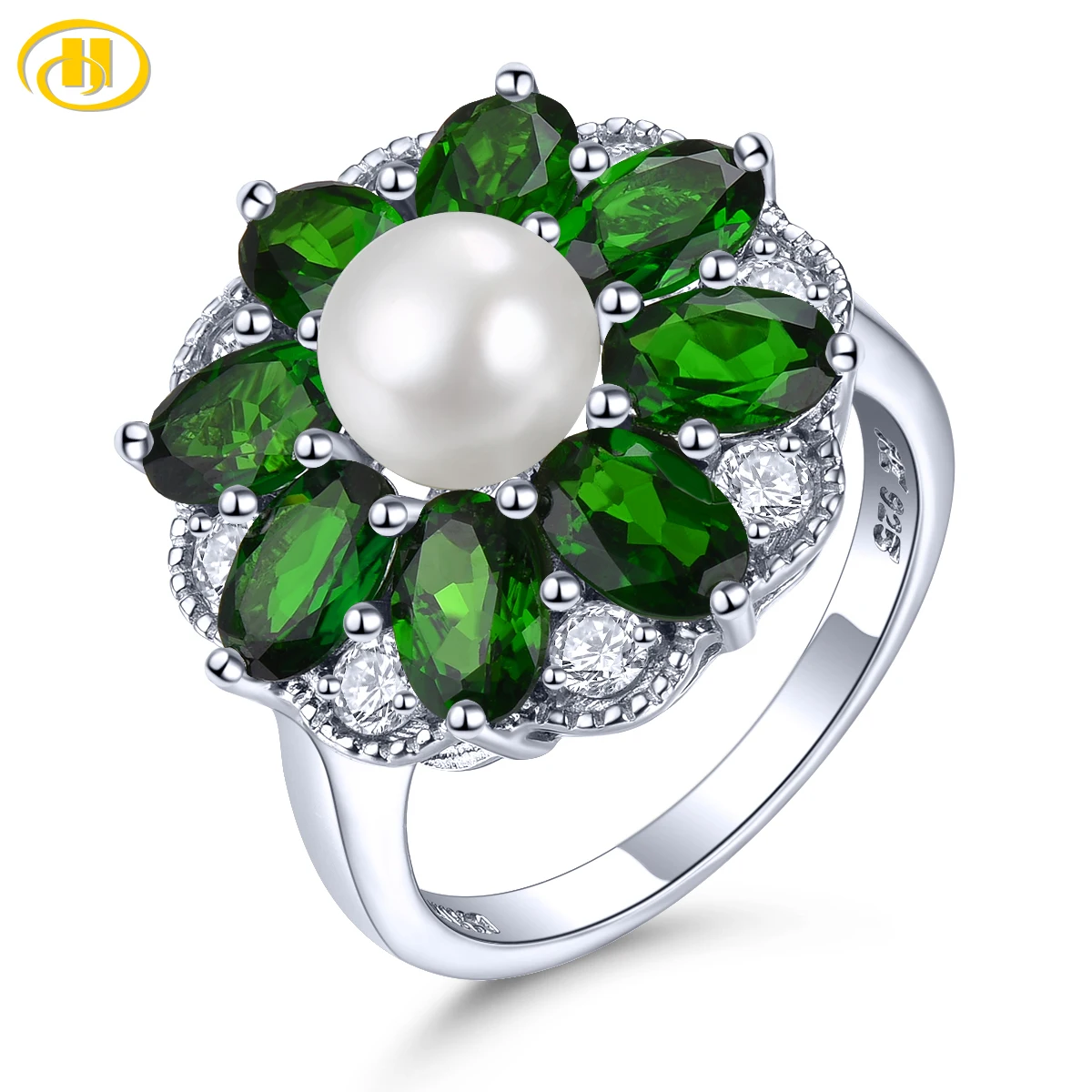 

Natural Chrome Diopside Silver Rings S925 7.04 Carats Gemstone Freshwater Pearl Flower Design Women's Birthday Party Jewelrys