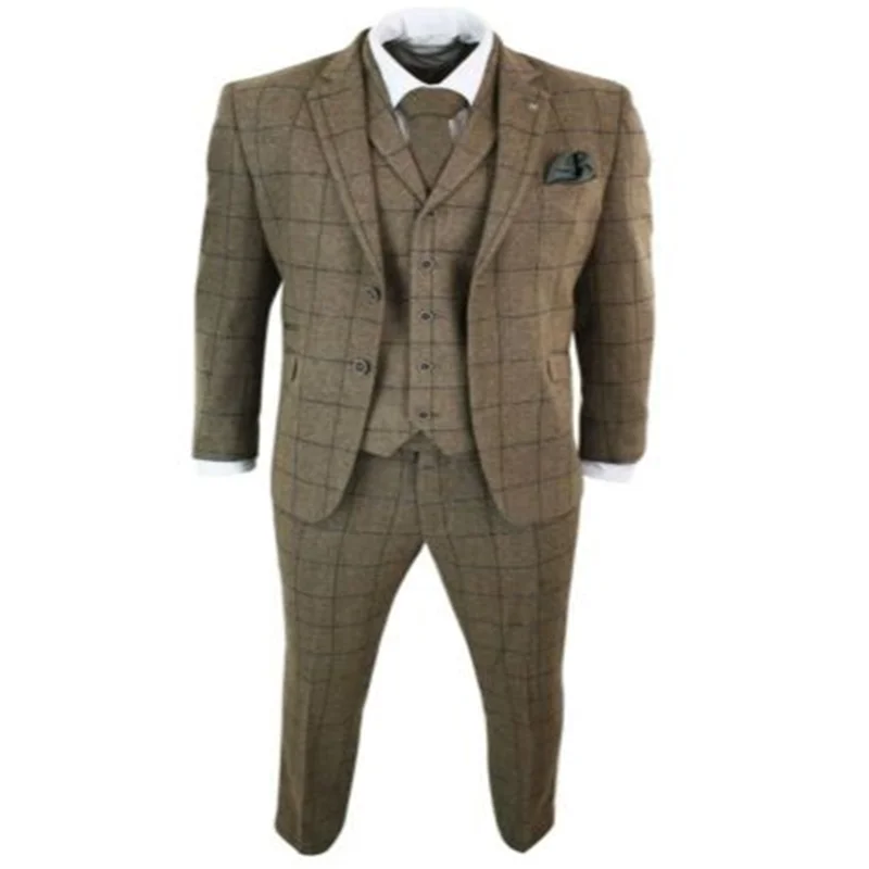 Мужской твидовый костюм из двух пуговиц 3 предметов с рисунком дуба коричневой