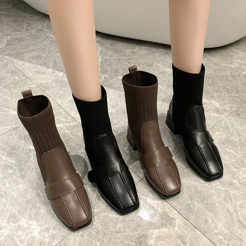 

Ankle Boots Winter Warm Leather Women Chelsea Shoes Black Brown Comfort Sock Shoes Female Slip on Square Heel Boots Size 35-43