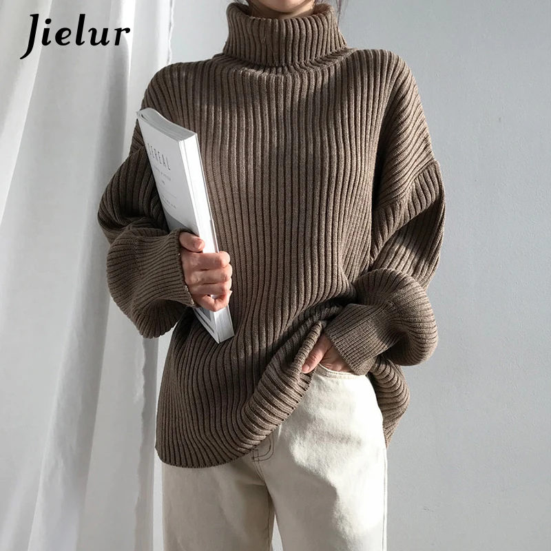 

Jielur Turtleneck Sweater Women Blue Coffee Winter Korean Style Fashion Female Sweaters Thick Warm Long-sleeved Loose Pullover