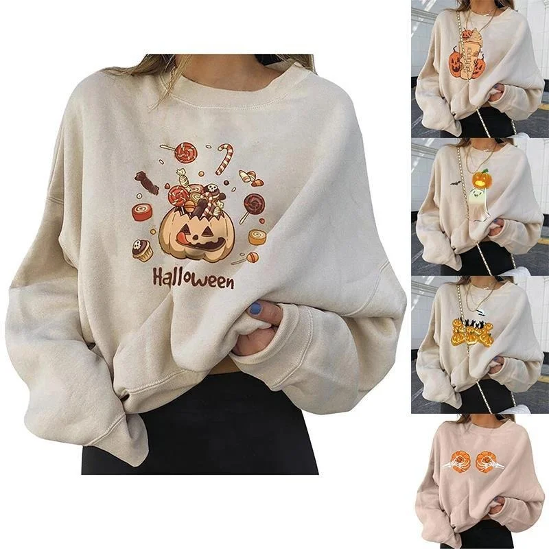 

QWEEK Pumpkin Print Hoodie Women Halloween Harajuku Anime Sweatshirt Fall 2021 Fashion Long Sleeve Pullover Casual Kawaii Top