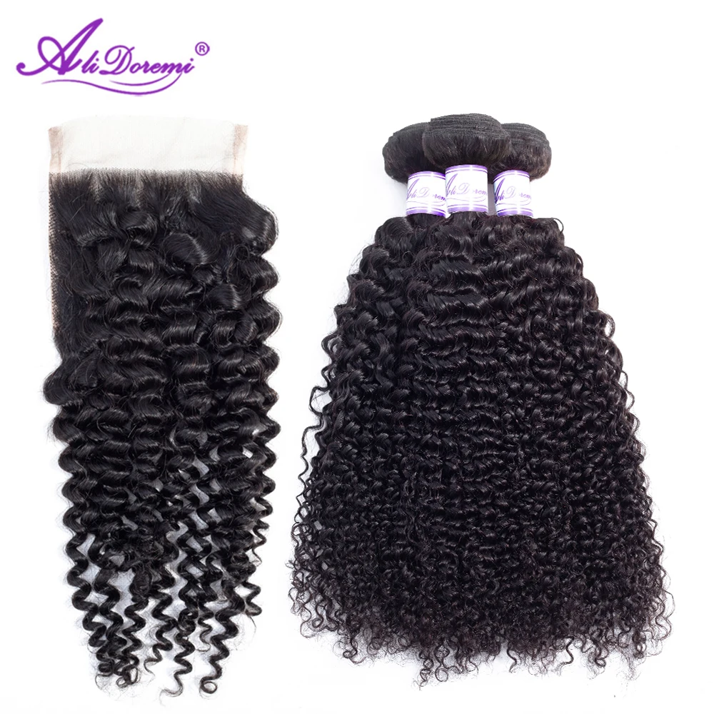 

PERUVIAN KINKY CURLY HAIR 3 Bundles with Closure Human Hair Bundles with Closure Human Hair Weave 4 Pcs /lot Alidoremi Hair