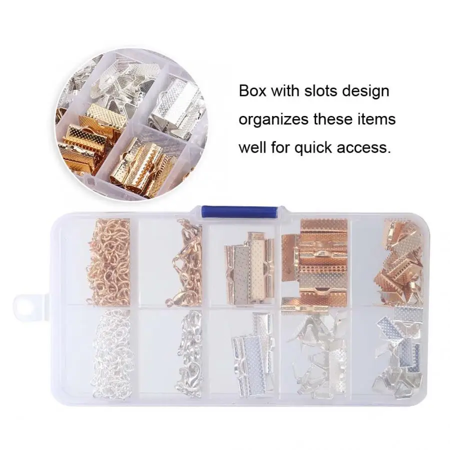 Metal Jewelry Findings Making Ribbon Ends Jump Rings Lobster Clasp Extension Chain Set with Box Accessory | Украшения и