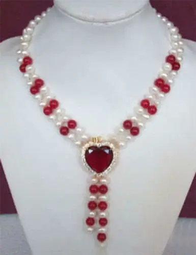 

shipping> >>>>charming ! 2Rows White Pearl & Red Ruby Heart Jewelry Necklace