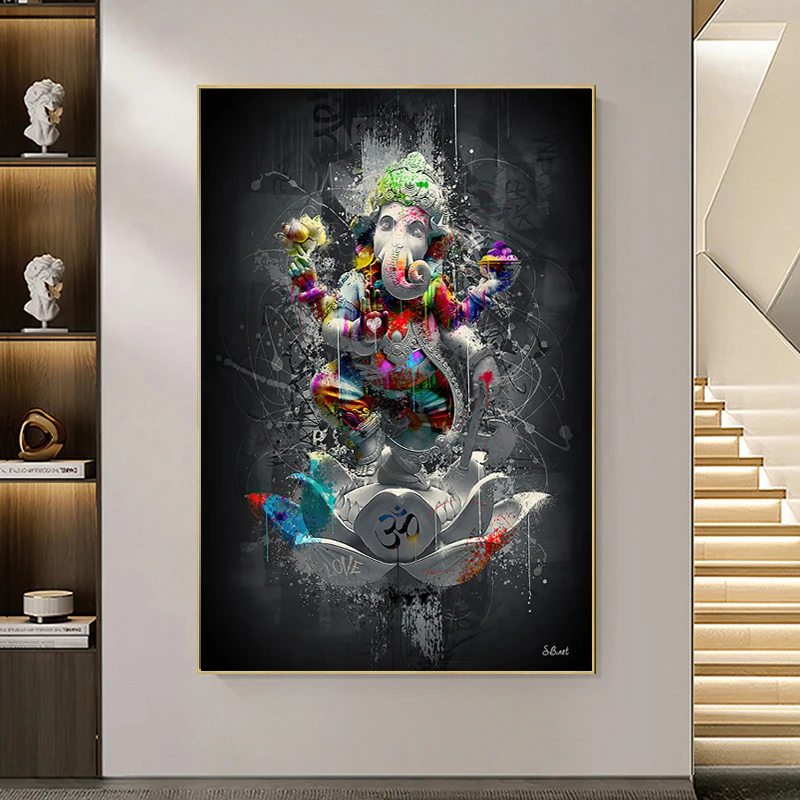 

Hindu Elephant God Canvas Painting Religion Ganesha Lotus Wall Art Poster Print Graffiti Art Deocrative Picture Home Porch Decor