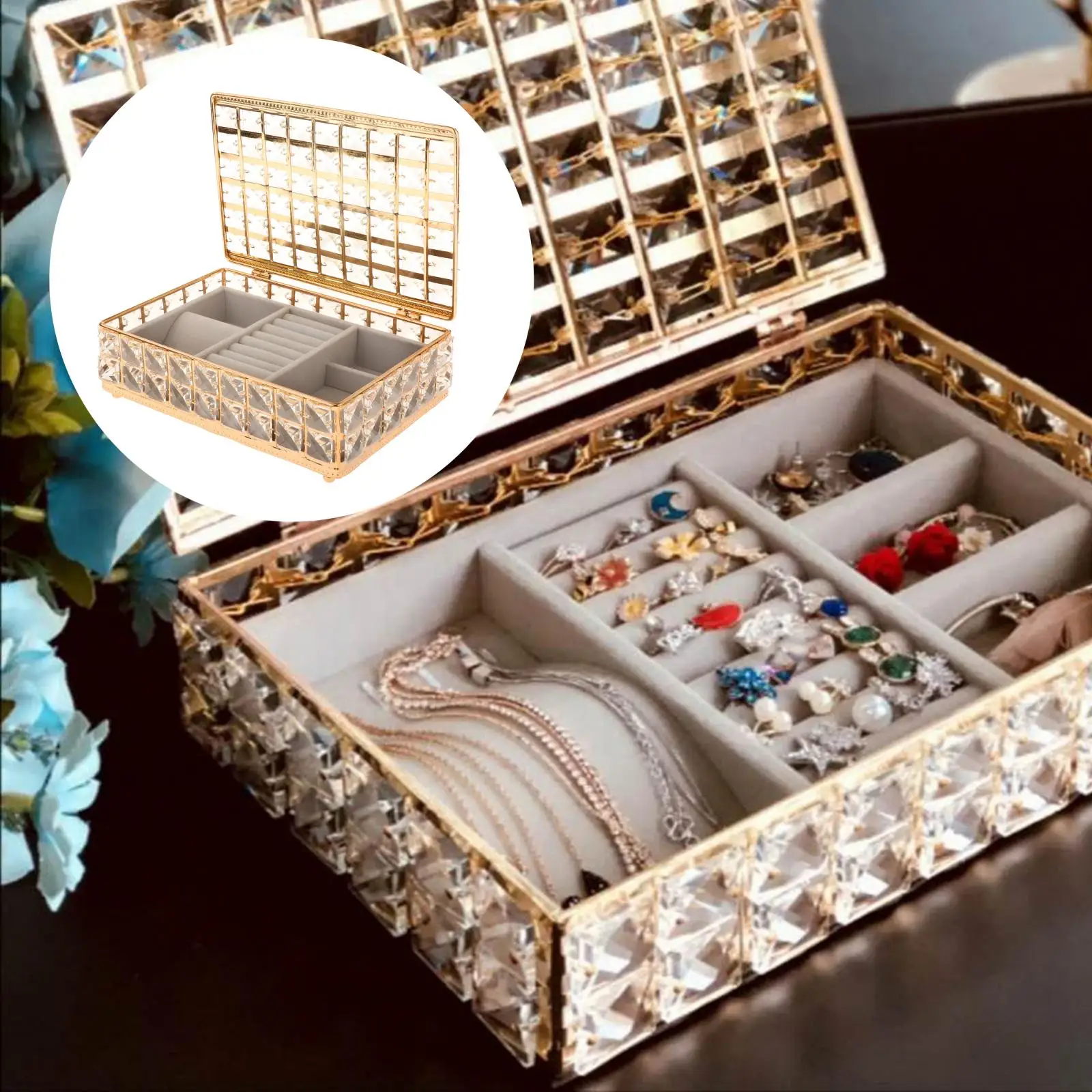 

Crystal Jewelry Box Organizer Earring Ornaments Ring Display Storage Case