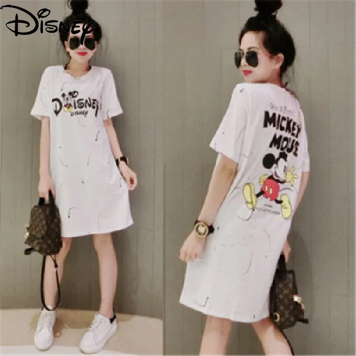 

Disney Ladies Fashion Summer Loose and Comfortable Pure Cotton Short-sleeved Simple Cartoon Mickey Long Dress