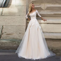 elegant boat neck applique lace a line wedding dresses 34 sleeves sweep train vestido de noiva 2020 bridal gowns