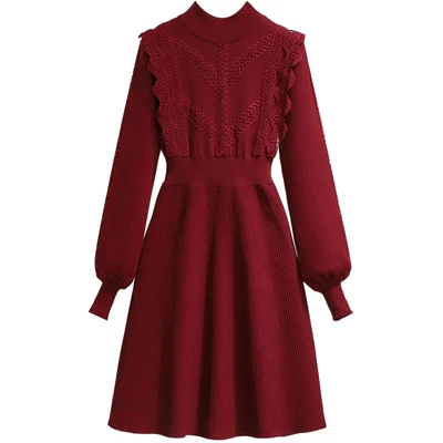 Autumn Winter Slim Waist Lantern Long Sleeve Elegant Women's Dress Lace Patchwork Knitted Mini Dresses Vestidos платье женское (art.: 3920ca8d20fe2) - 3920ca8d20fe2
